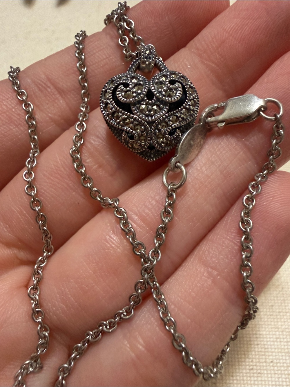 Sterling Silver 925 Marcasite Heart Pendant Necklace 16’ inch